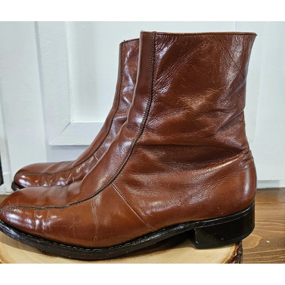 VTG 70S Disco Beatle Boots Florsheim Imperial Cognac Leather Side Zip Boots 8.5E